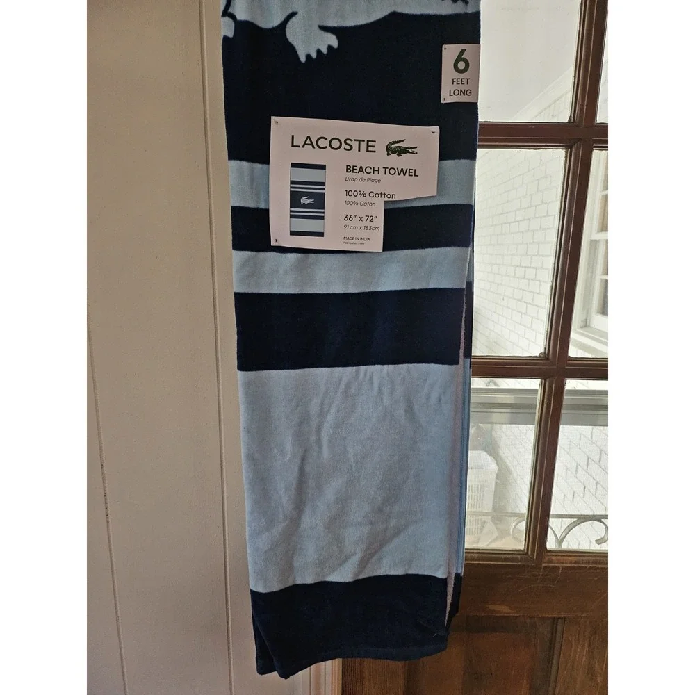 Lacoste Izod Beach Towel NWT On Hanger. Blue W Ivonic Alligator. Preppy